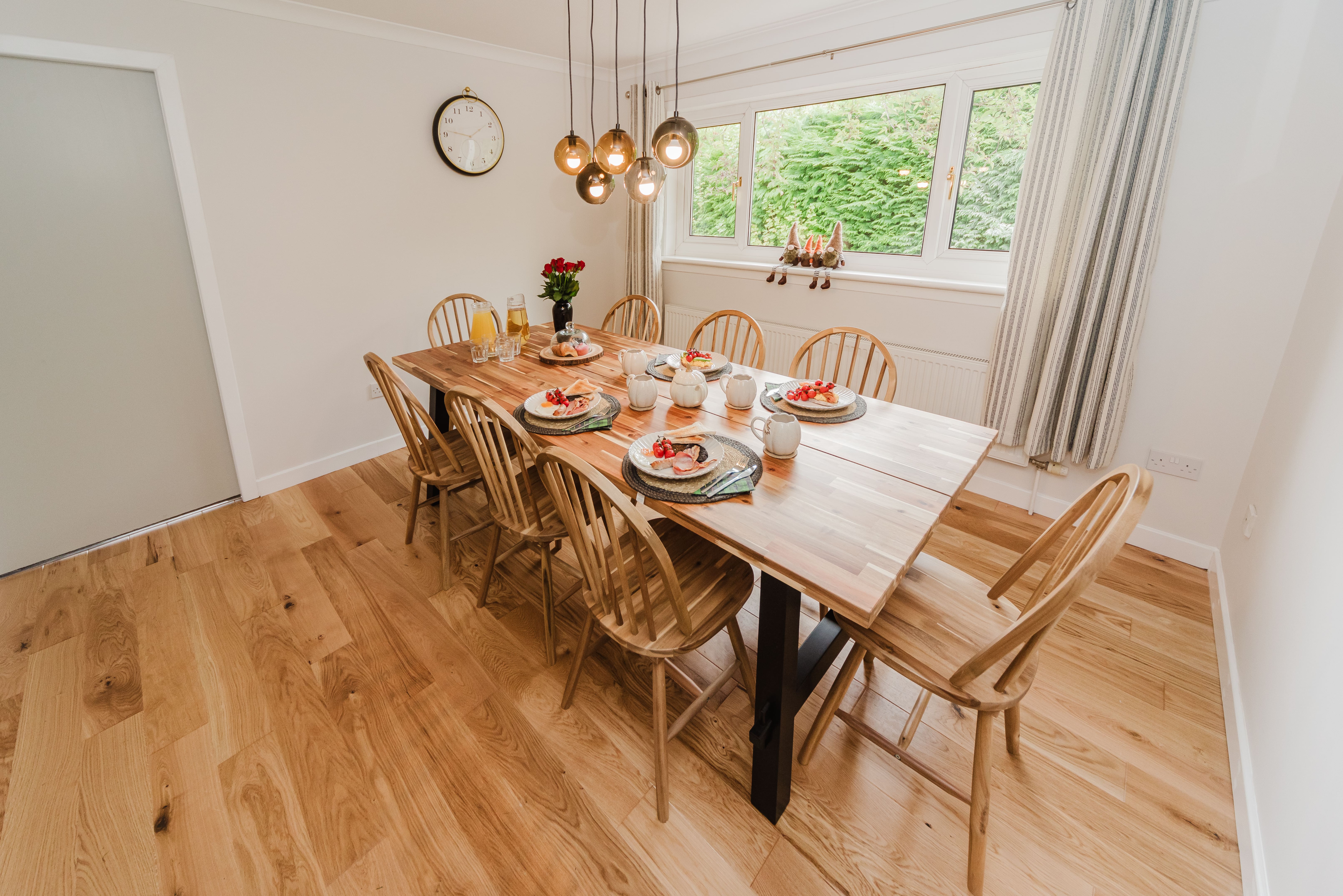 Large dining table seating 8 guests